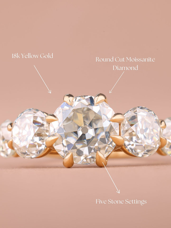 1.0CT-2.0CT Round Old Mine Cut Moissanite Diamond Five Stone Engagement Ring