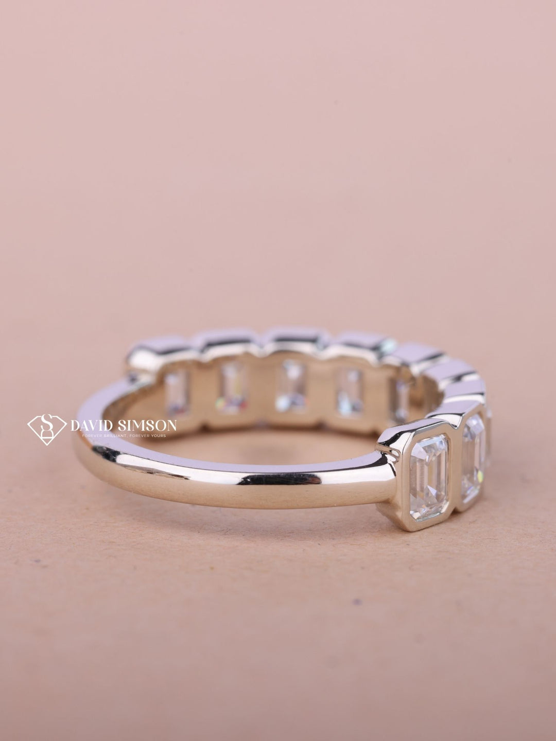 Emerald Cut Moissanite Bezel Set Diamond Wedding Band