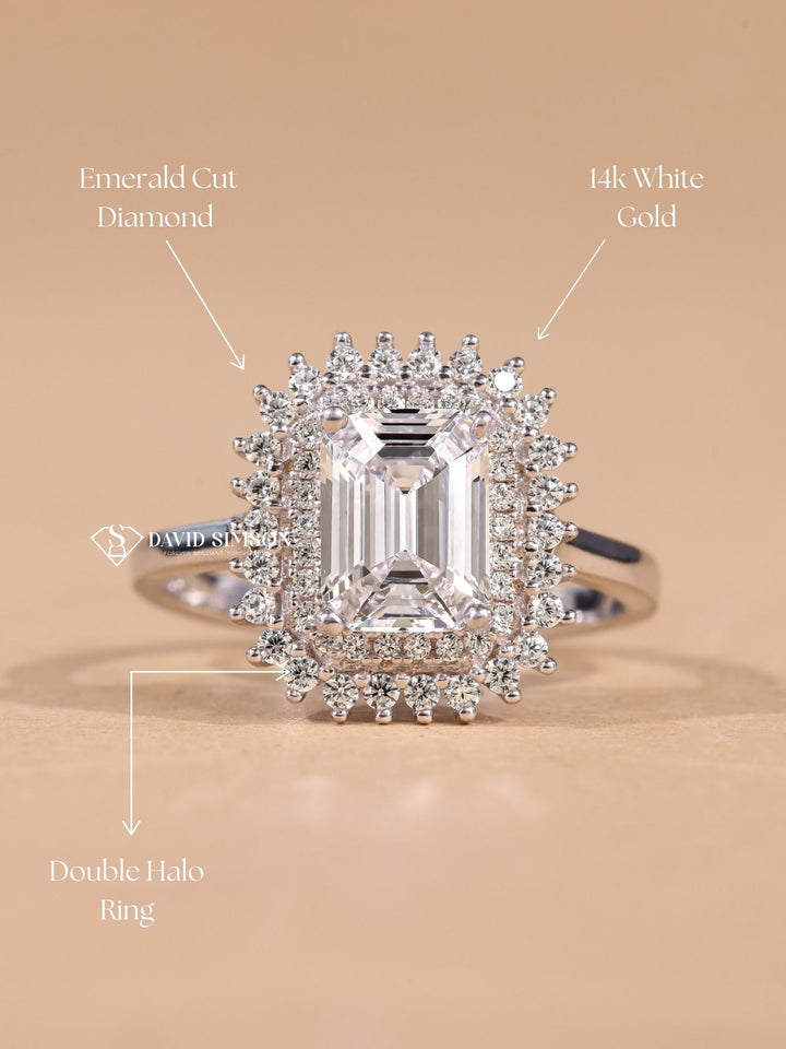 1.0CT-2.0CT Emerald Cut Moissanite Double Halo Diamond Engagement Ring