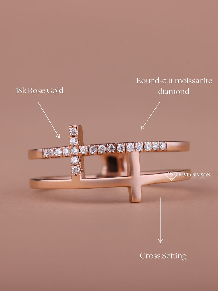 Round Cut Moissanite Diamond Cross Wedding Band in Solid Gold