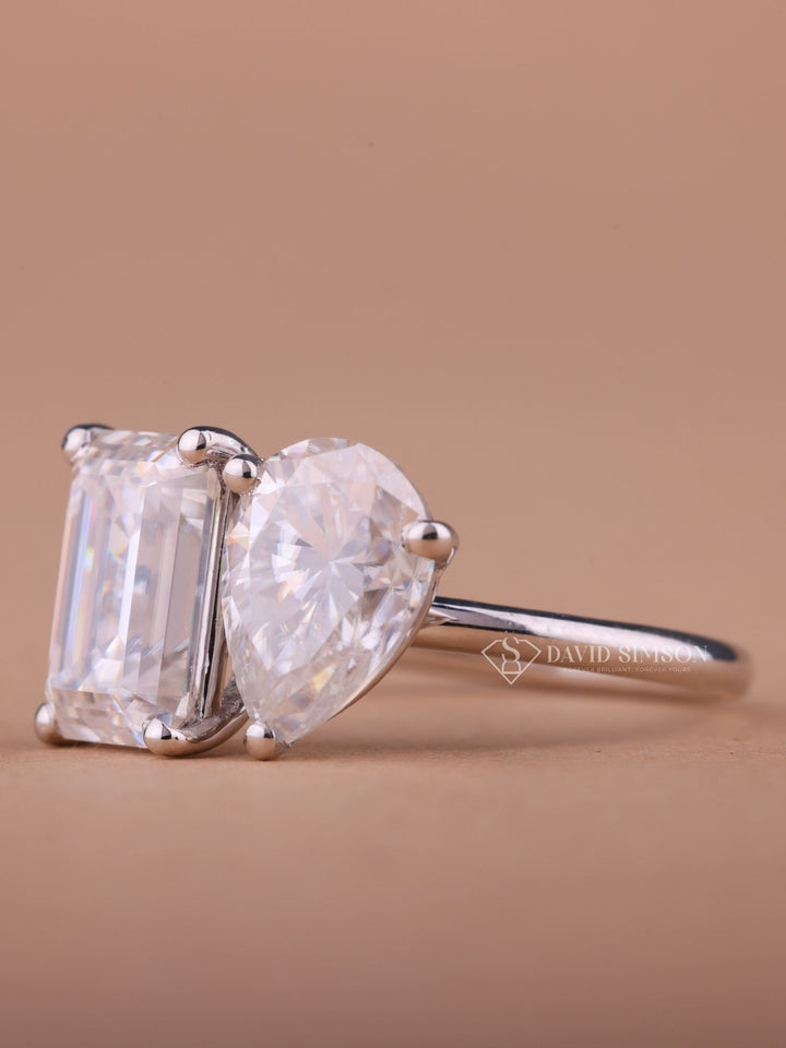 2.50CT Emerald & 2.0CT Pear Cut Moissanite Diamond Two Stone Engagement Ring