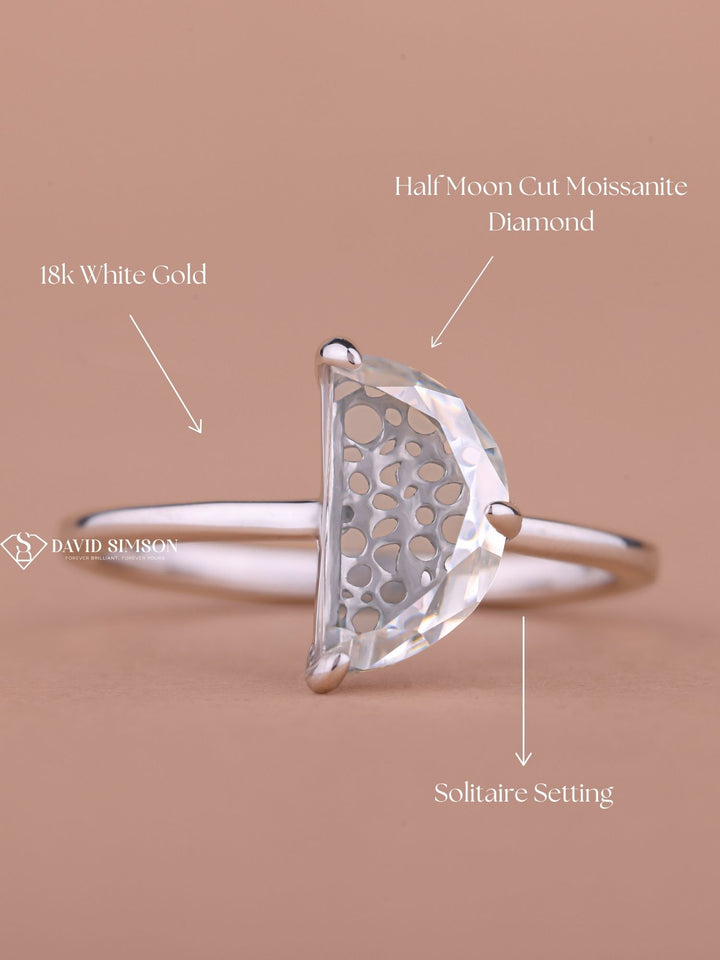 1.0CT-2.0CT Half Moon Cut Moissanite Solitaire Diamond Engagement Ring