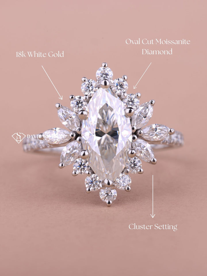 1.50CT-2.50CT Marquise Cut Moissanite Halo Cluster Diamond Engagement Ring