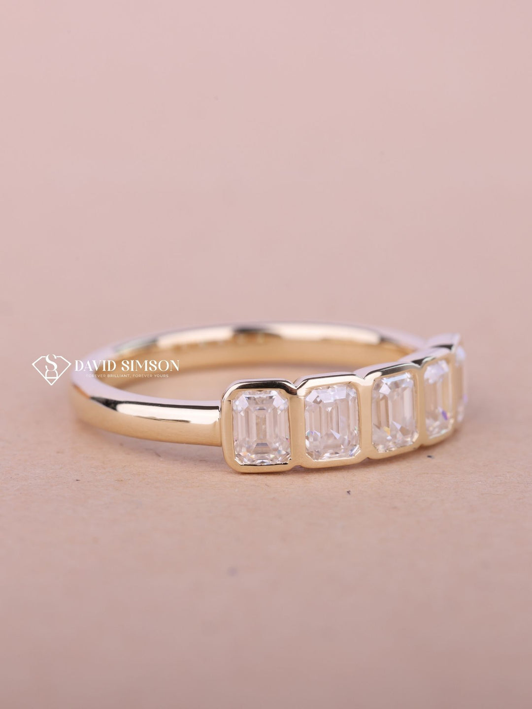 Bezel Set Emerald Cut Moissanite Diamond Five Stone Wedding Band
