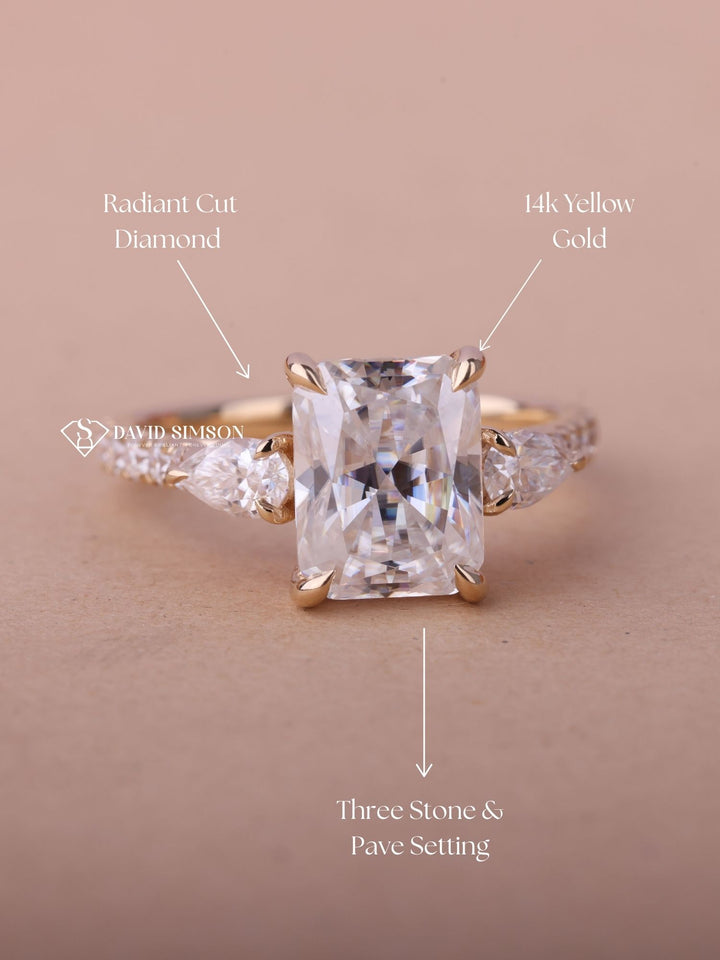 2.0CT-3.0CT Radiant Cut Moissanite Three Stone Diamond Pave Engagement Ring