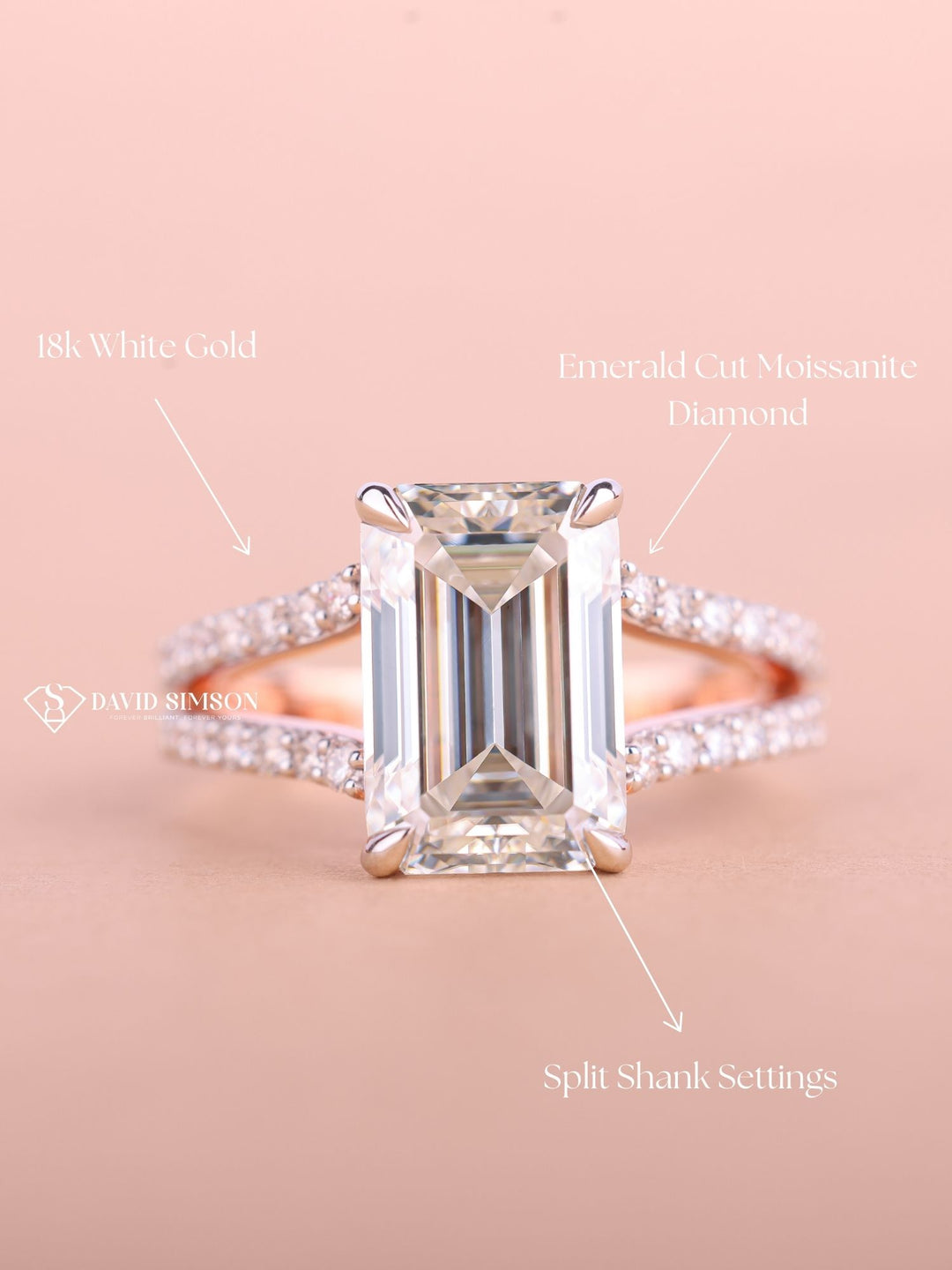 4.0CT-6.0CT Emerald Cut Moissanite Diamond Shank Engagement Ring