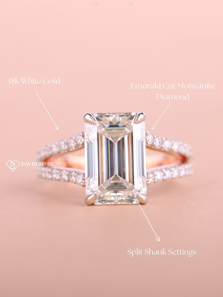 4.0CT-6.0CT Emerald Cut Moissanite Diamond Shank Engagement Ring