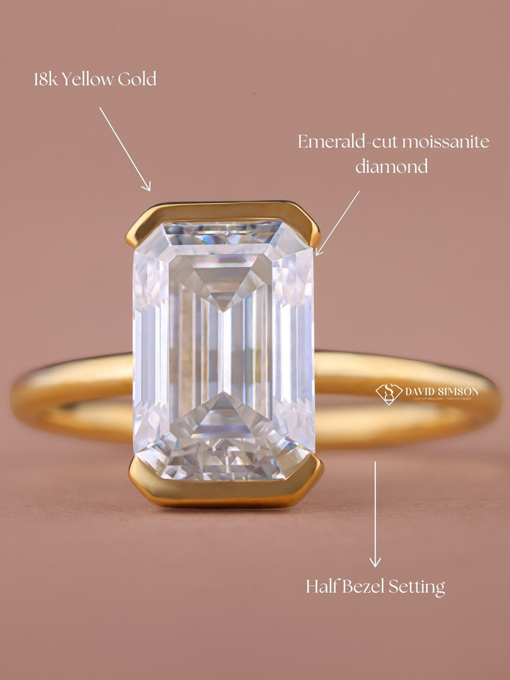 3.0CT-5.0CT Half Bezel Set Emerald Cut Moissanite Diamond Engagement Ring