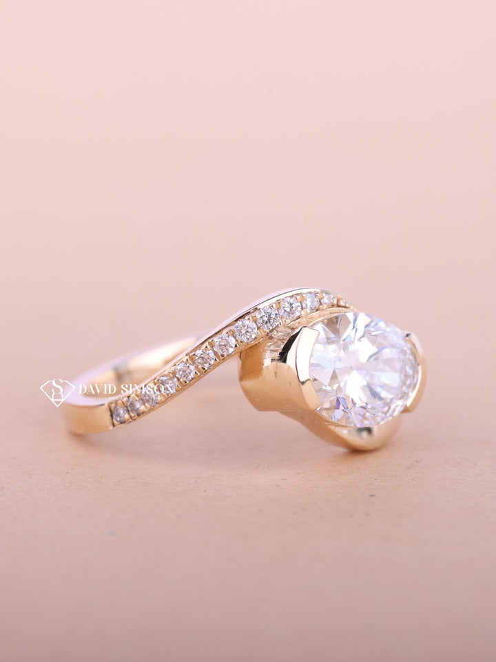 2.0CT-3.0CT East West Oval Cut Moissanite Diamond Bypass Pave Engagement Ring