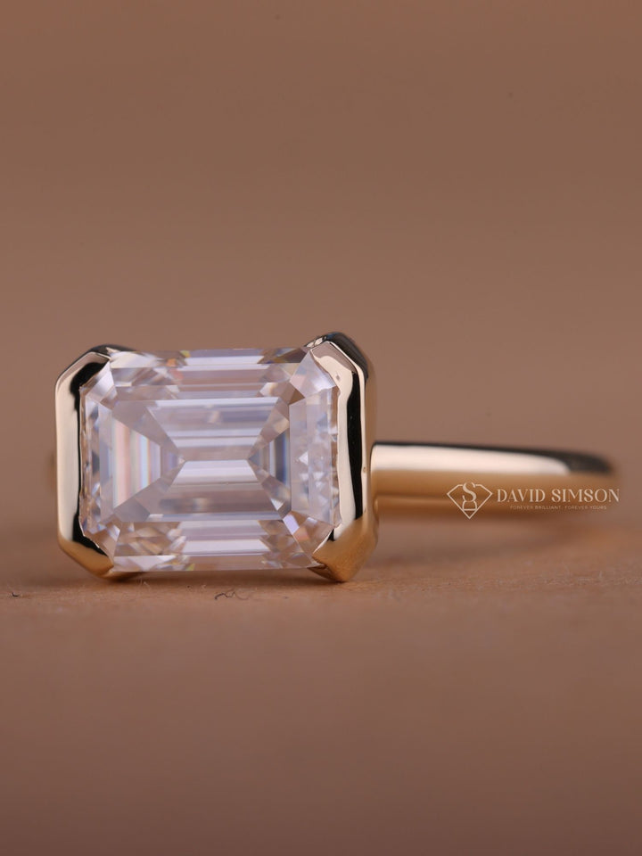 2.0CT-3.0CT East West Emerald Cut Moissanite Diamond Half Bezel Engagement Ring