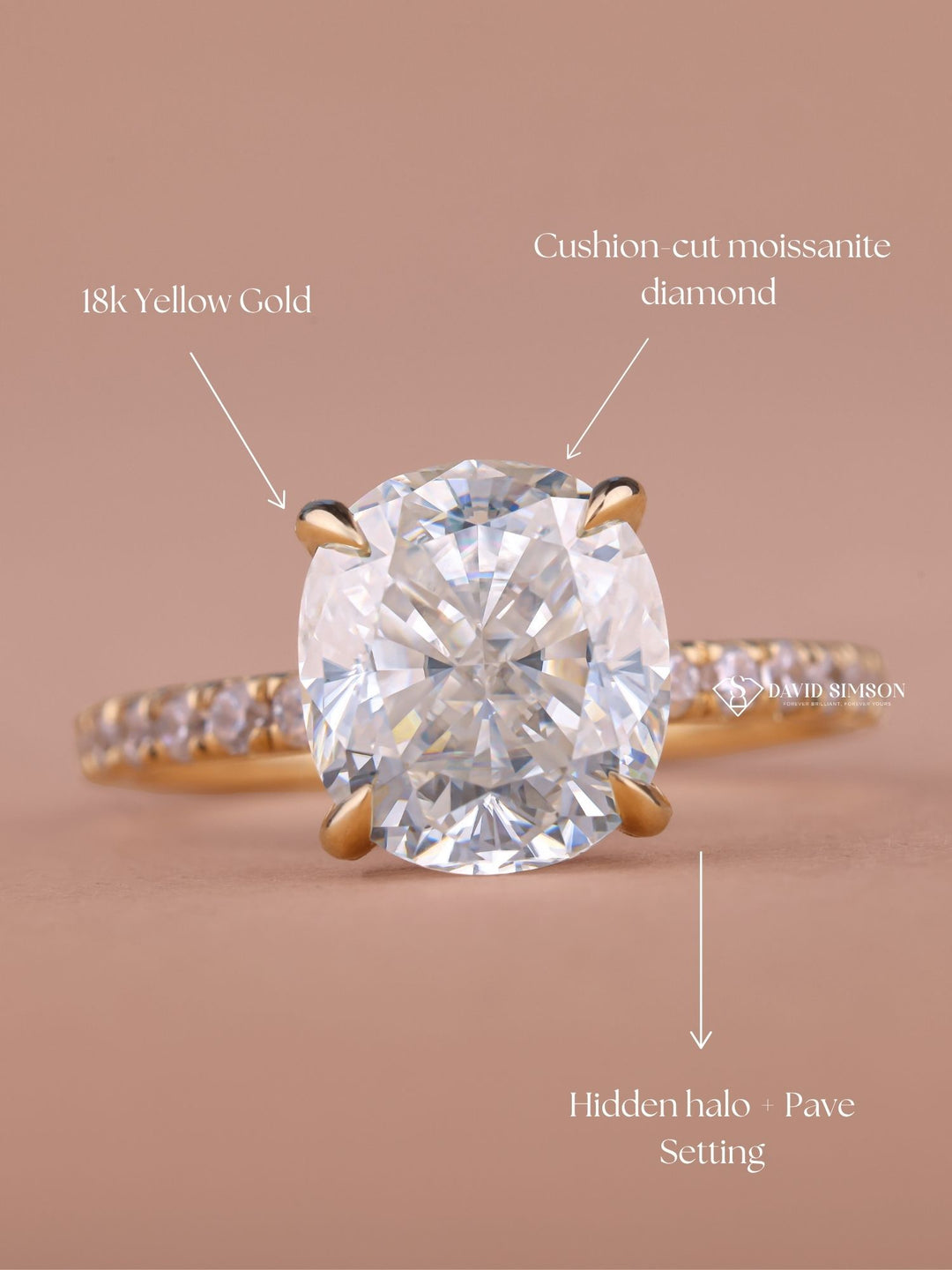 2.0CT-3.0CT Cushion Cut Moissanite Diamond Hidden Halo Engagement Ring