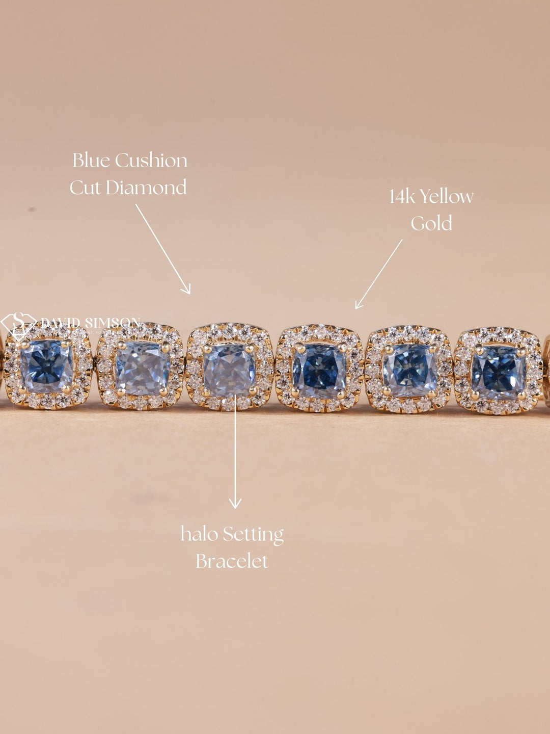 Blue Cushion Cut Moissanite Diamond Halo Bracelet for Women