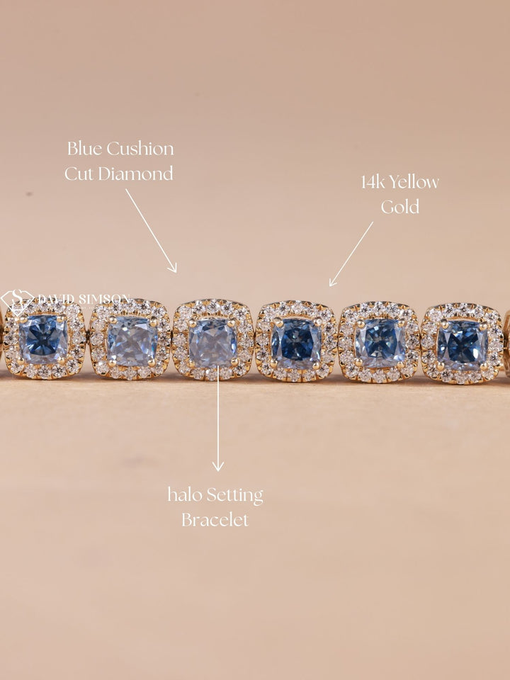 Blue Cushion Cut Moissanite Diamond Halo Bracelet for Women