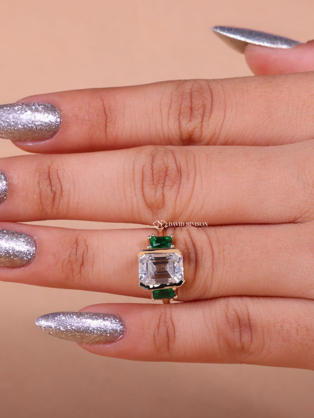 4.0CT-5.0CT Emerald Cut Moissanite Diamond Three Stone Engagement Ring
