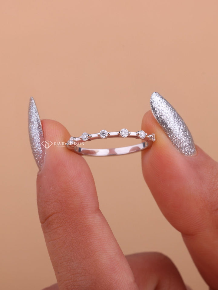 Round Cut Moissanite Diamond Distance Pave Wedding Band