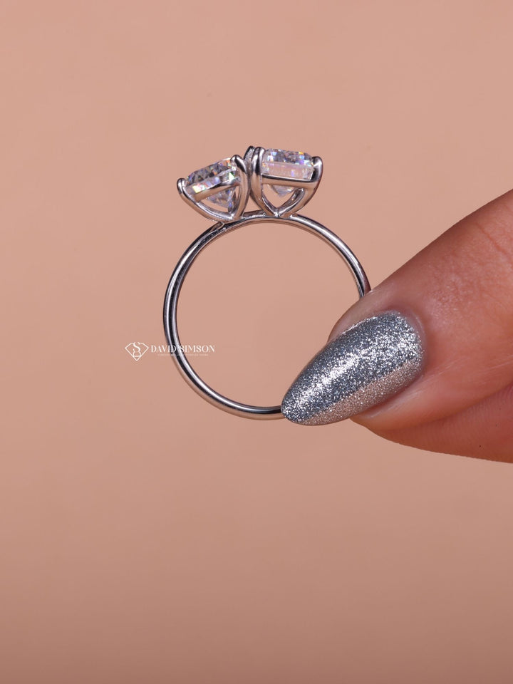 1.50CT Emerald & 1.0CT Pear Cut Moissanite Two Stone Diamond Engagement Ring