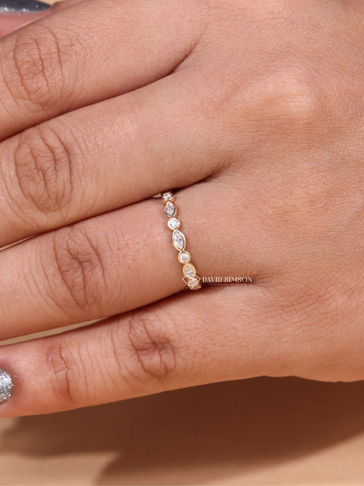 Round & Marquise Cut Moissanite Diamond Bezel Set Eternity Wedding Band