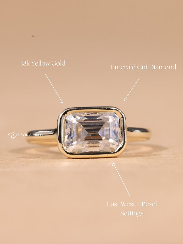 3.0CT-5.0CT East West Emerald Cut Moissanite Diamond Bezel Set Engagement Ring