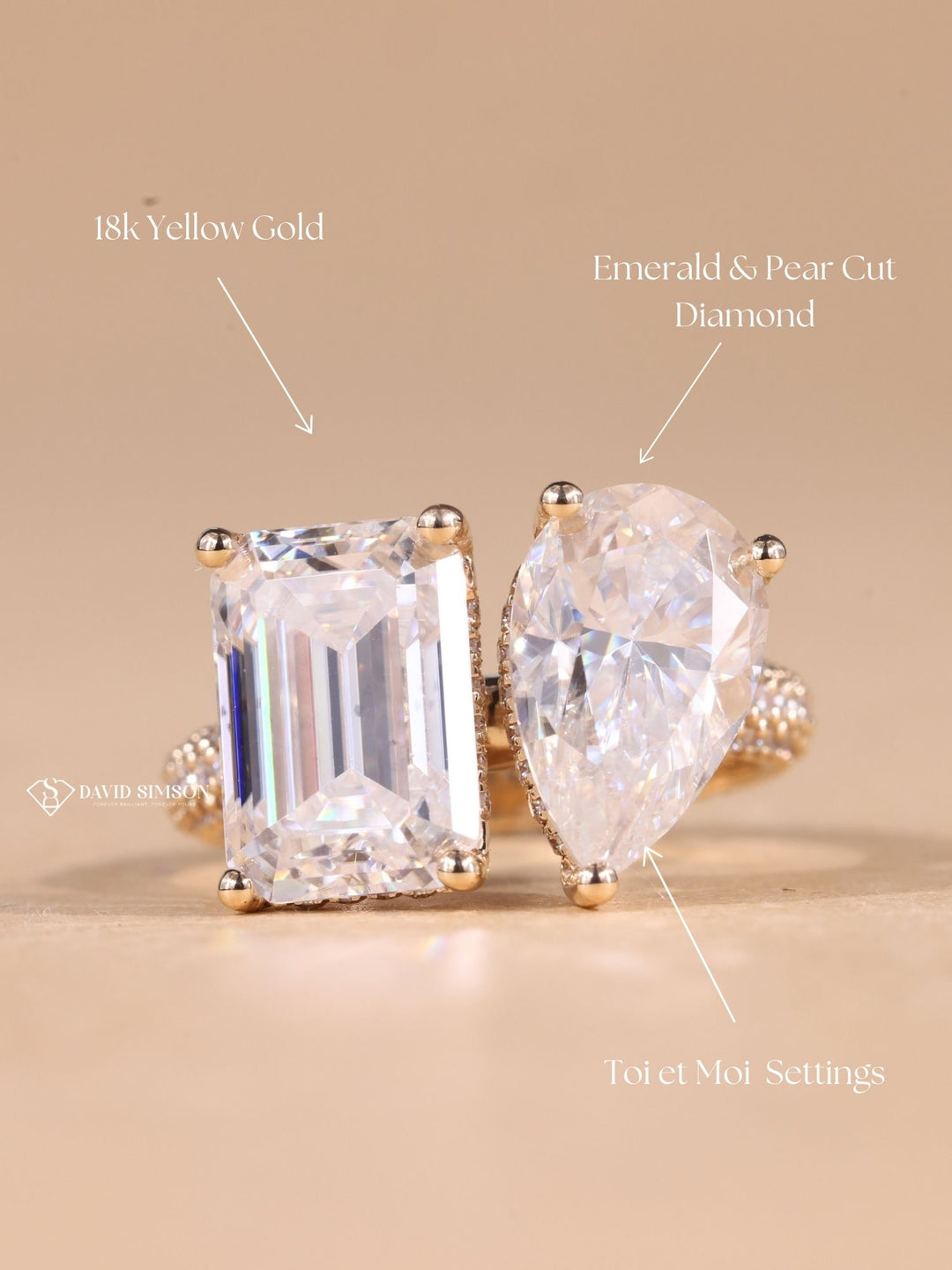 2.0CT Pear & 2.0CT Emerald Cut Moissanite Diamond Toi et Moi Engagement Ring