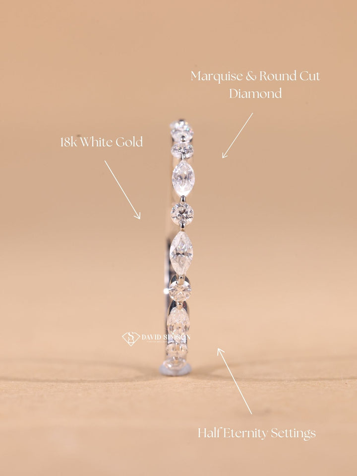 Round & Marquise Cut Moissanite Diamond Half Eternity Wedding Band