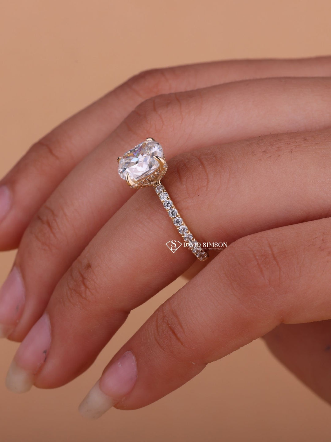 2.0CT-3.0CT Cushion Cut Moissanite Diamond Hidden Halo Engagement Ring