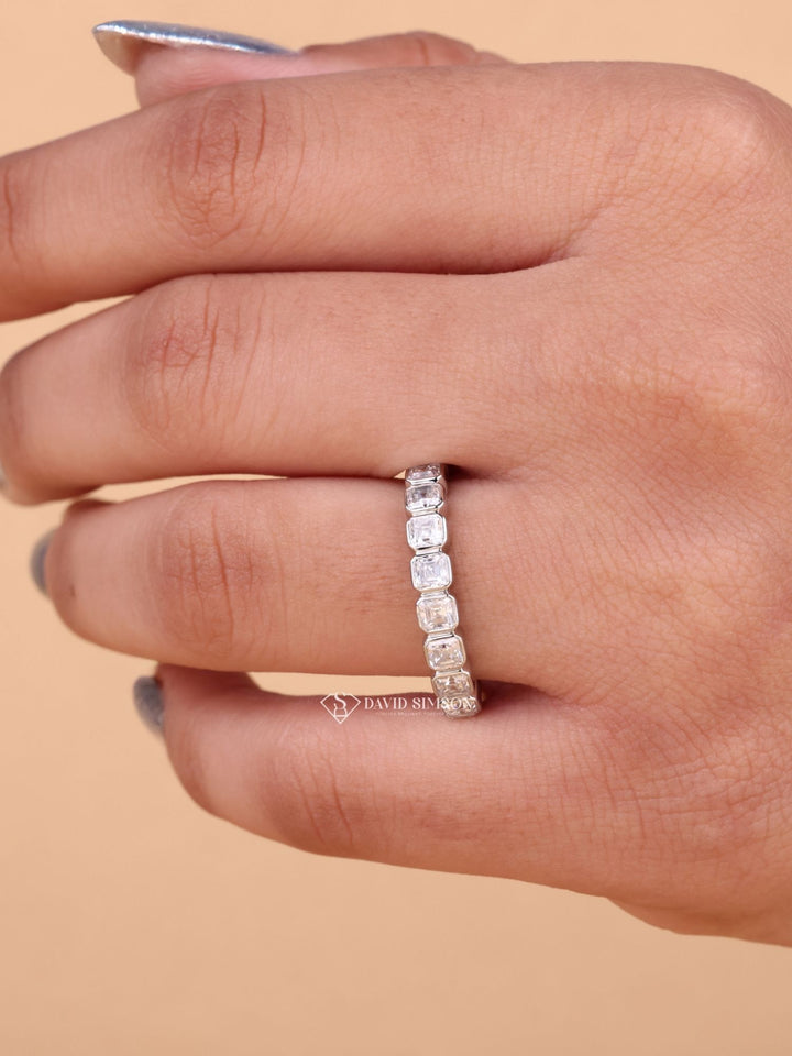 Bezel Set Asscher Cut Moissanite Diamond Half Eternity Wedding Band