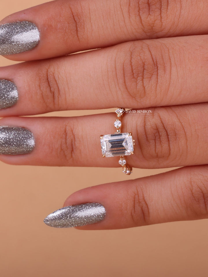 3.0CT-5.0CT Emerald Cut Moissanite Diamond Distance Pave Engagement Ring