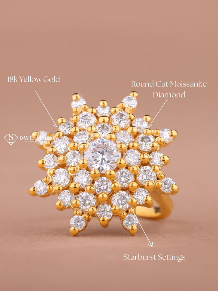 Round Cut Moissanite Diamond Starburst Engagement Ring