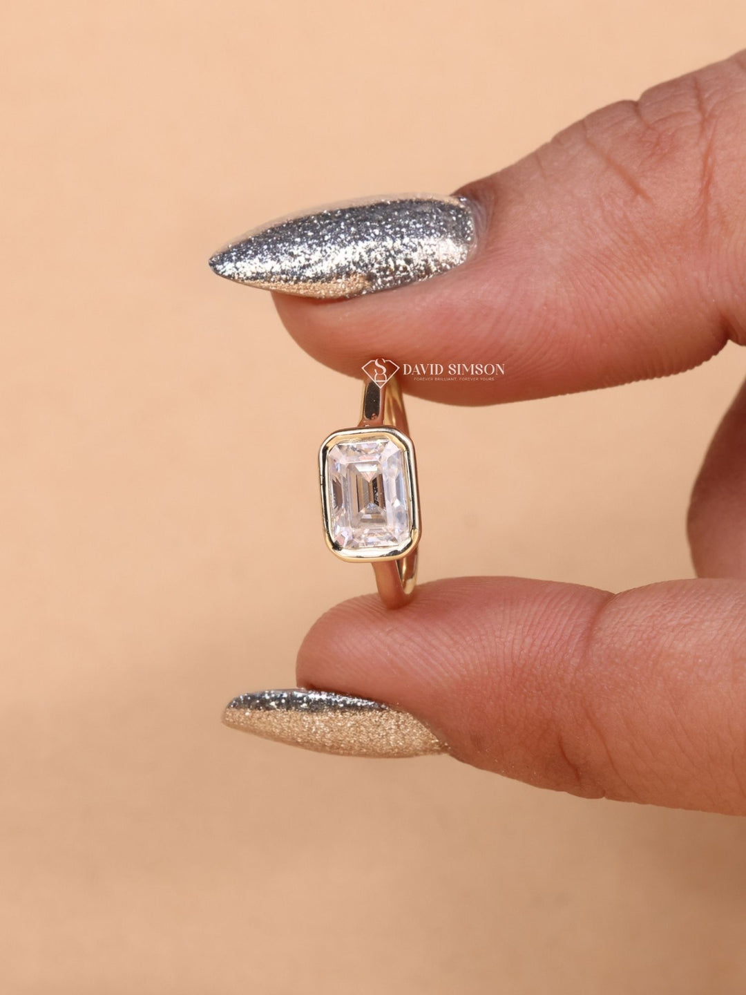 3.0CT-5.0CT East West Emerald Cut Moissanite Diamond Bezel Set Engagement Ring