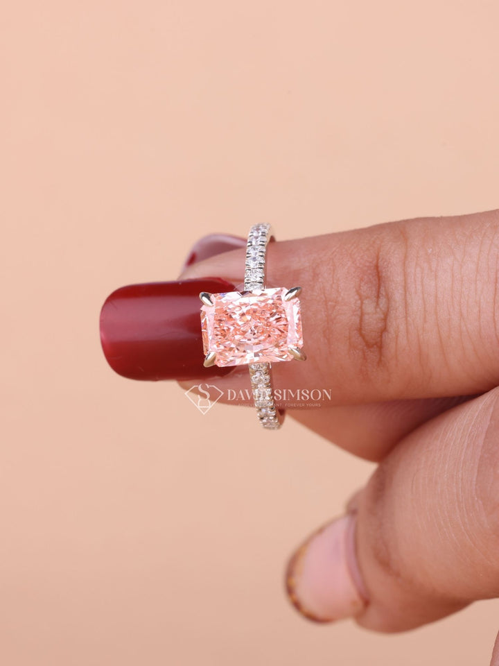 2.0CT-3.0CT Pink Radiant Cut Lab Grown Diamond Hidden Halo Engagement Ring