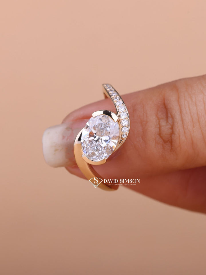 2.0CT-3.0CT East West Oval Cut Moissanite Diamond Bypass Pave Engagement Ring