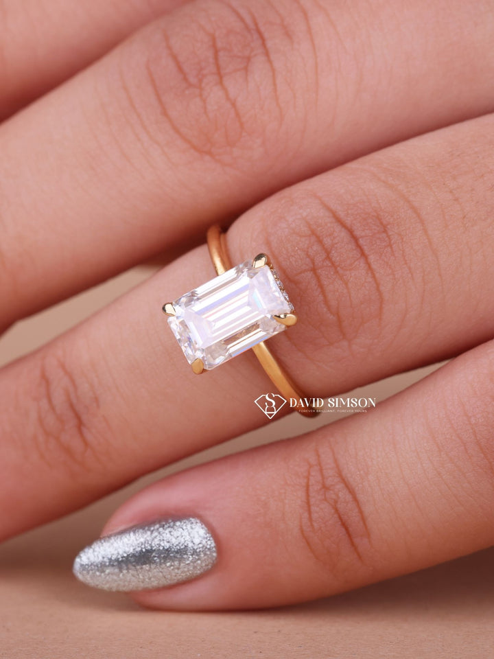 3.0CT-4.0CT Emerald Cut Moissanite Hidden Halo & Solitaire Diamond Engagement Ring