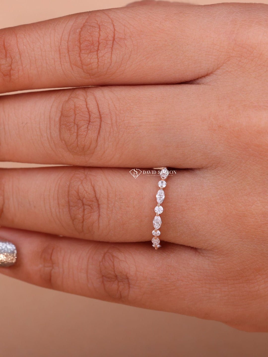 Round & Marquise Cut Moissanite Diamond Alternative Half Eternity Wedding Band