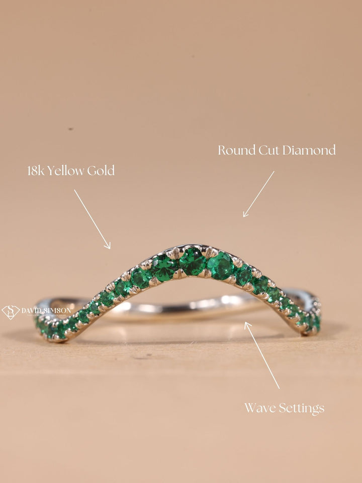 Green Round Cut Moissanite Diamond Curved Half Eternity Wedding Band