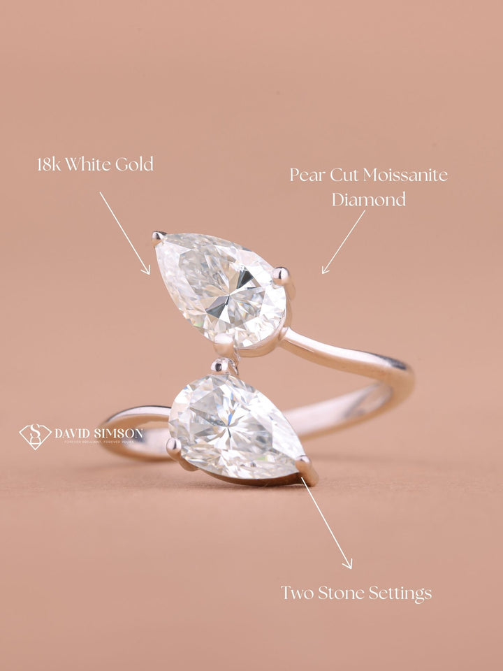 Pear Cut Moissanite Diamond Toi et Moi Open Engagement Ring for Her