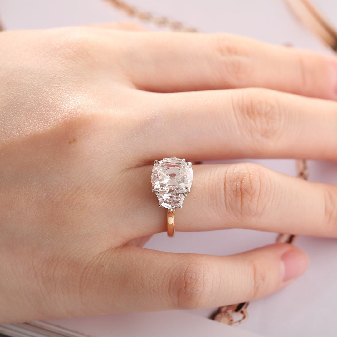Bespoke Three Stone JewelryElongated Ratio Diamond RingRare Antique Cut EngagementRomantic Trilogy Diamond RingClaw Prong Old Mine Ring