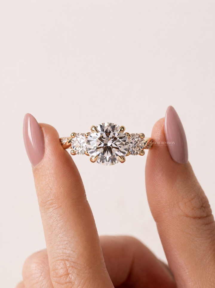 2.0CT to 3.0CT Round Lab Grown Diamond Three Stone Twist Pave Engagement Ring