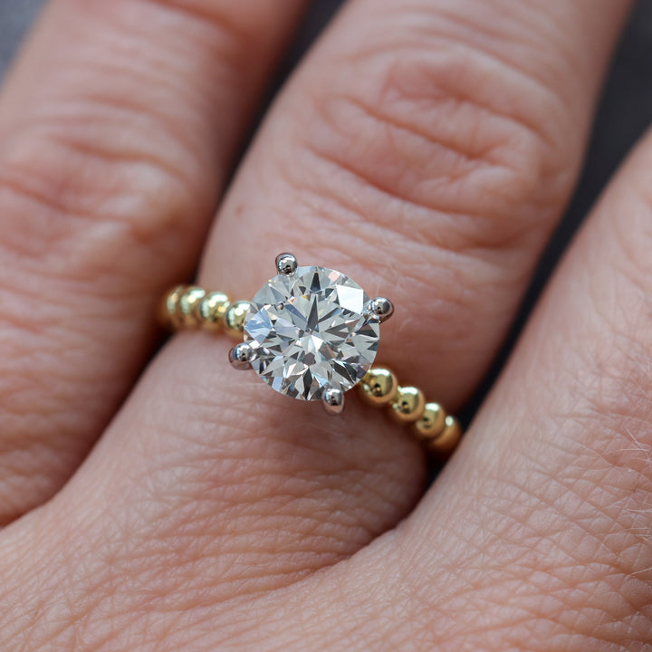Round Cut Diamond, Beaded Shank, Two Tone Ring, Mixed Metal, Solitaire Engagement, 1 Carat Diamond, 2 Carat Diamond, 