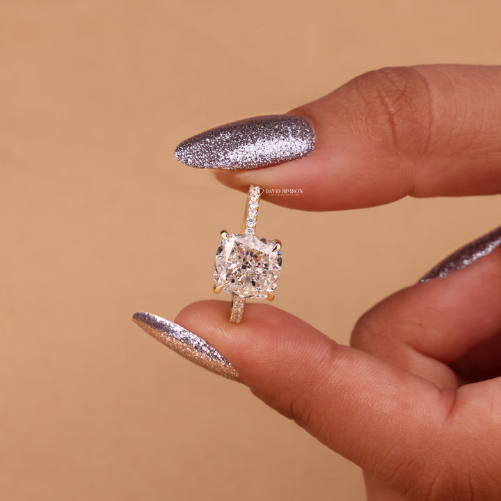 2.0CT-4.0CT Cushion Cut Moissanite Diamond Hidden Halo Engagement Ring