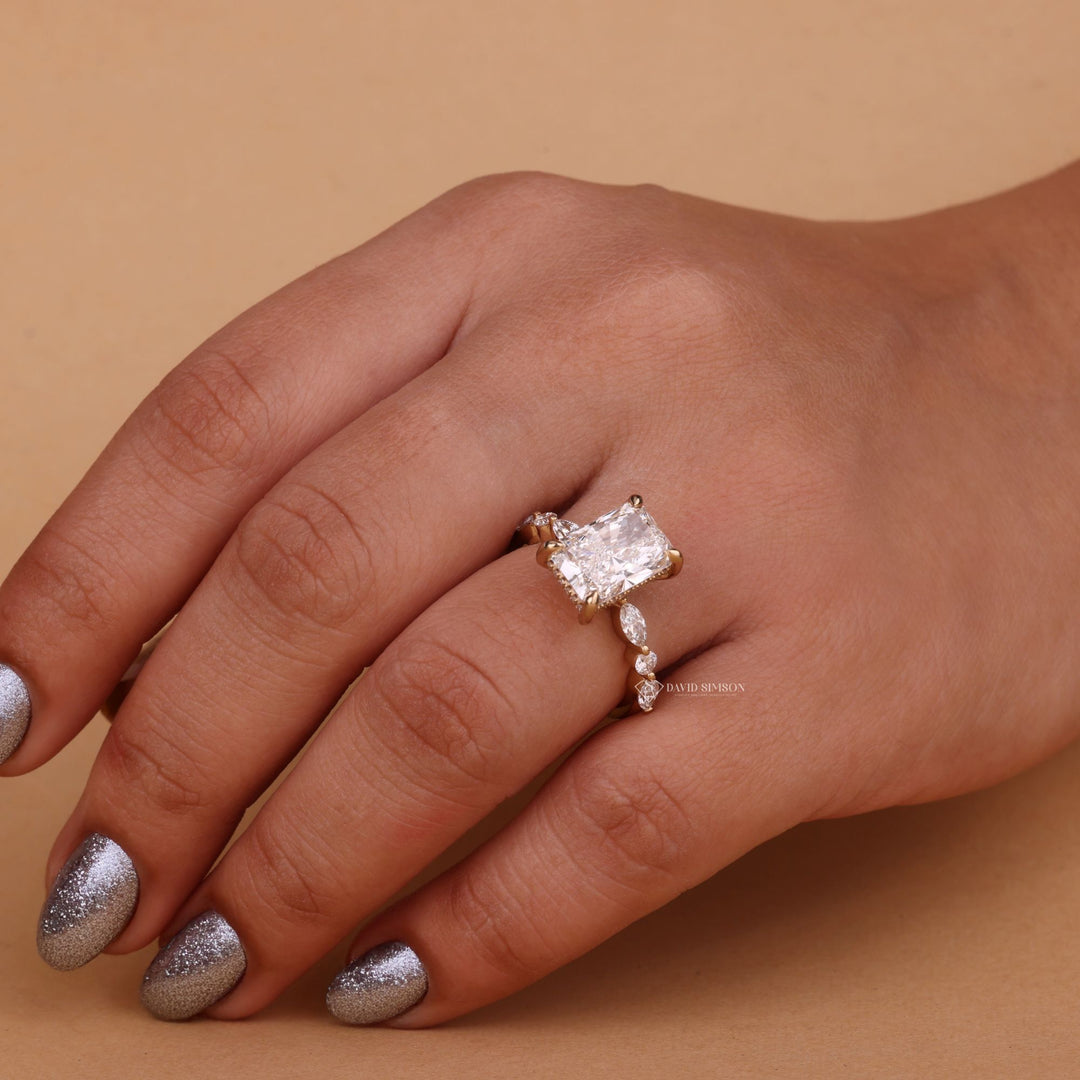 2.50CT-3.50CT Radiant Cut Moissanite Diamond Hidden Halo &amp; Pave Engagement Ring
