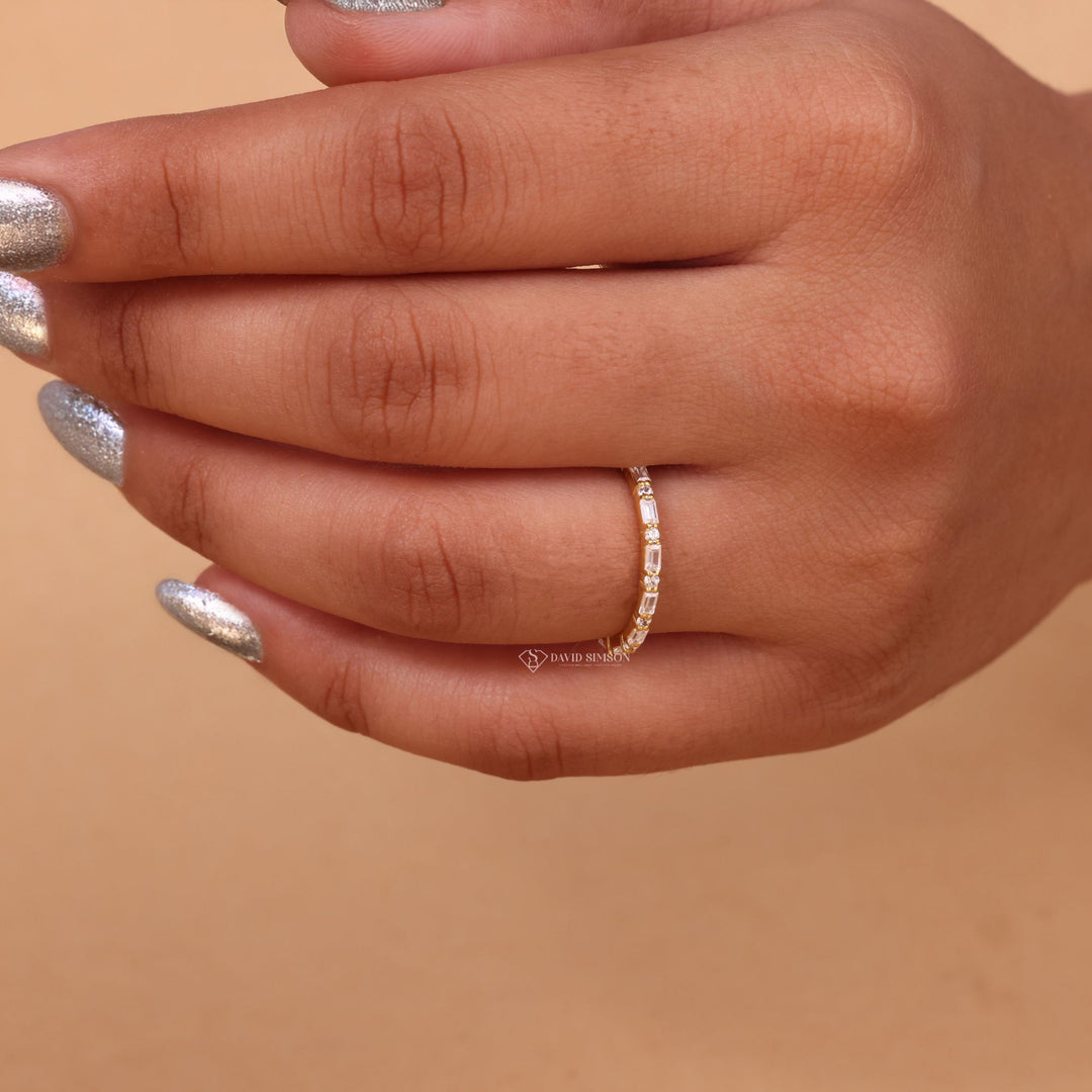 Round &amp; Baguette Cut Moissanite Full Eternity Diamond Wedding Band
