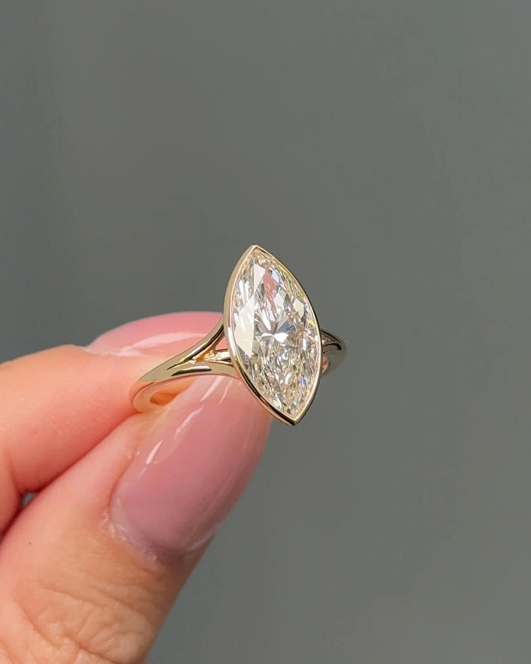 Marquise Lab Diamond
Bezel Set Engagement
Split Shank Ring
3 Carat Marquise Cut
4 Carat Lab Diamond
Marquise Bezel Setting
