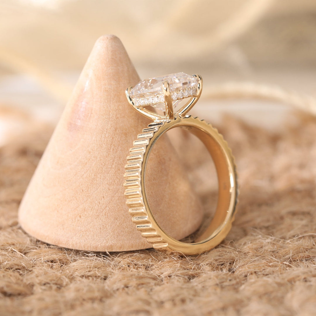 Eco Friendly Diamond Ring
Lab Grown Moissanite
Chunky Cushion Cut
Elongated Old Mine Pave
Gold Moissanite Ring
Platinum Pave Setting

