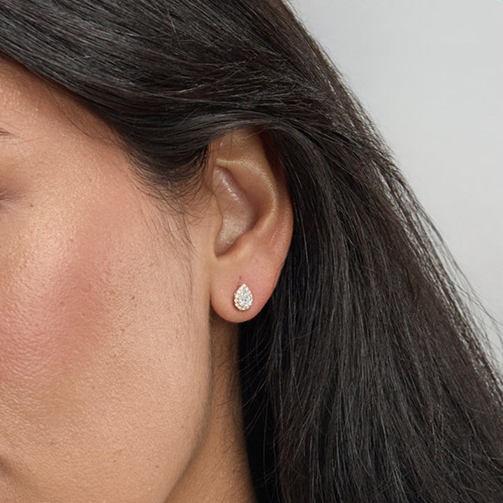 Pear Cut FG-VS2 Lab Grown Diamond Halo Stud Earrings in Gold