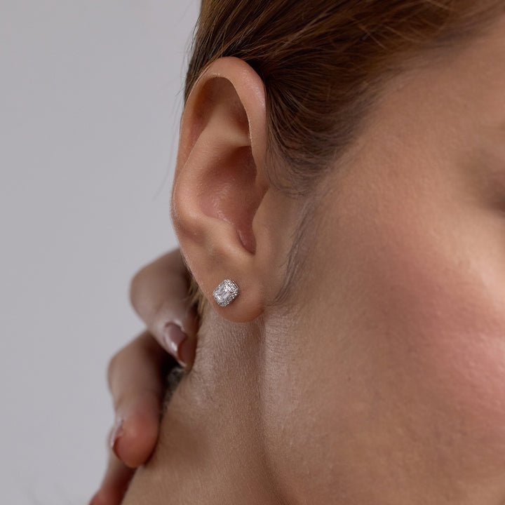 Emerald Cut GH-VS2 Lab Grown Diamond Halo Stud Earrings in 10K Gold
