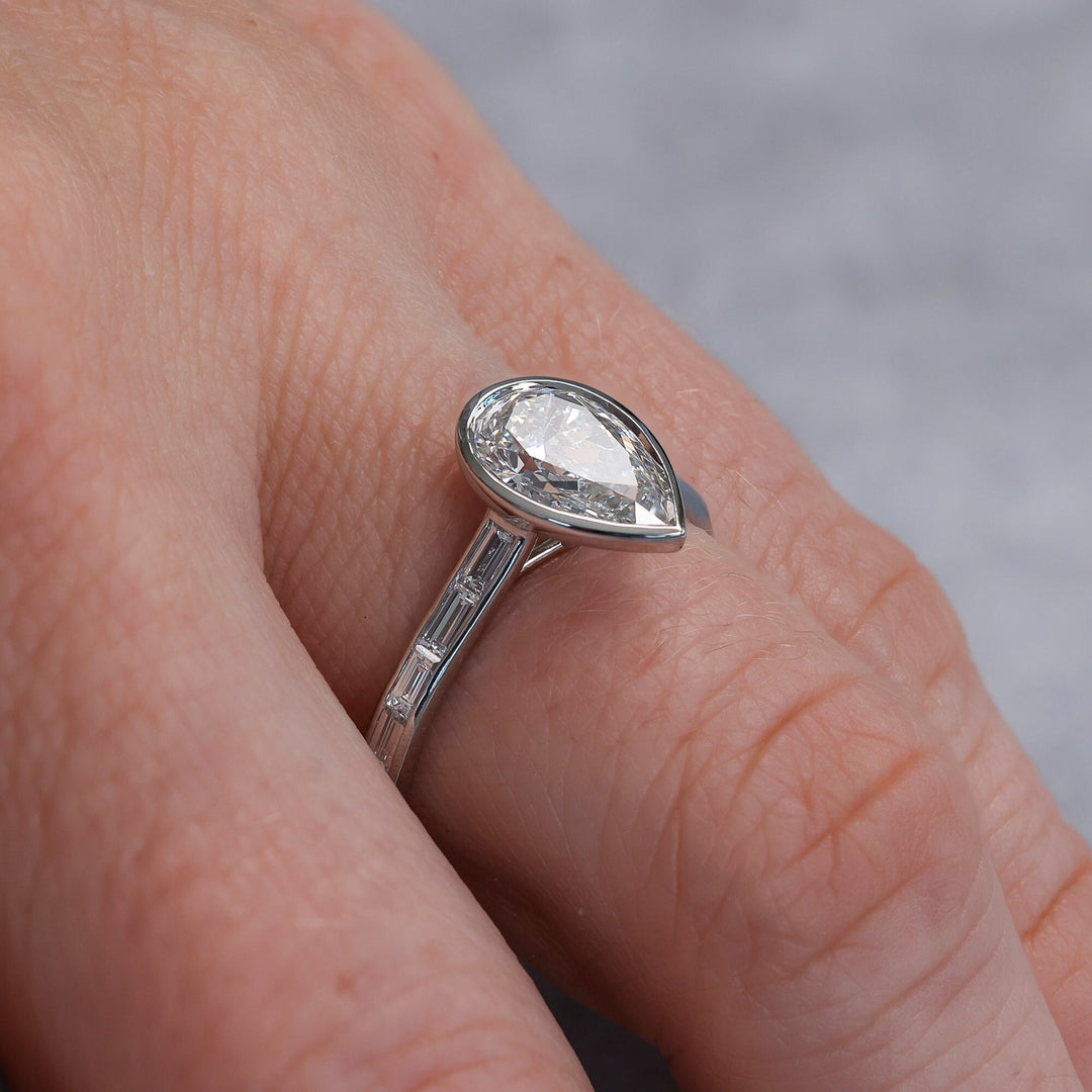Teardrop Ring, Trellis Detail, Modern Bezel, Side Stone Ring, Anniversary Gift, Wedding Jewelry, 