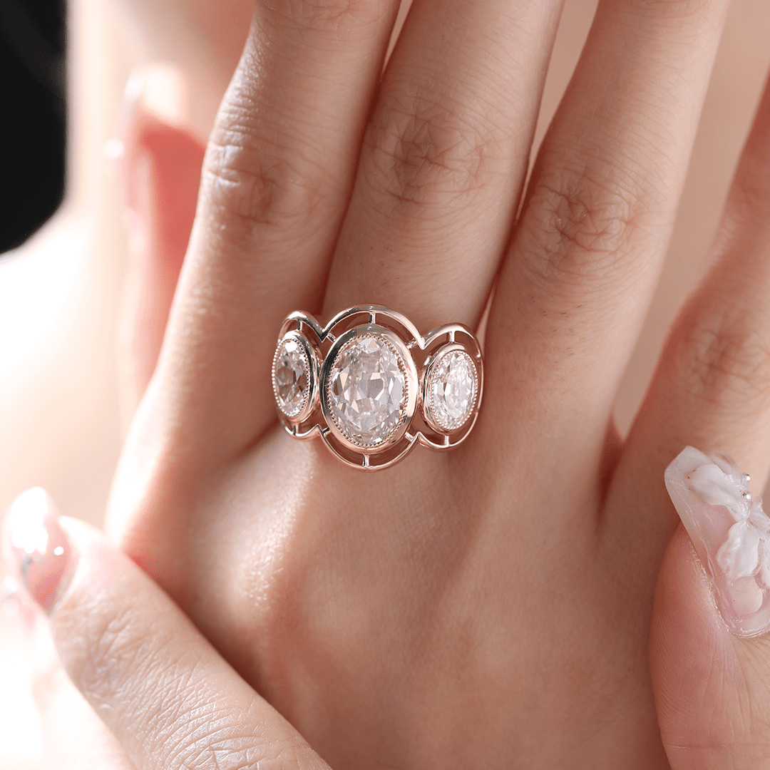 Oval Old Mine Cut
Three Stone Engagement Ring
Antique Oval Diamond
2 Carat Old Mine Oval

