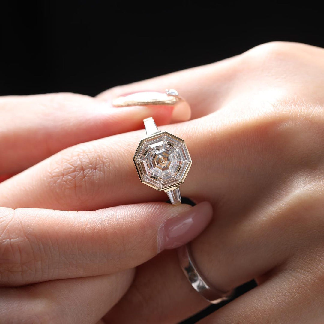 Hexagon Cut Moissanite
Three Stone Halo Ring
Hexagon Engagement Ring
2 Carat Hexagon Cut
1.5 Carat Moissanite