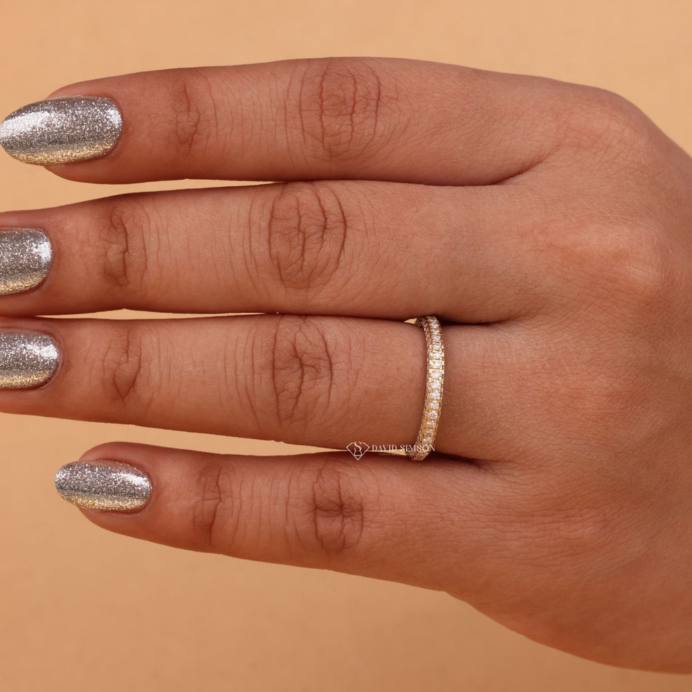 Moissanite eternity ring
Pave eternity band
Three row pave ring