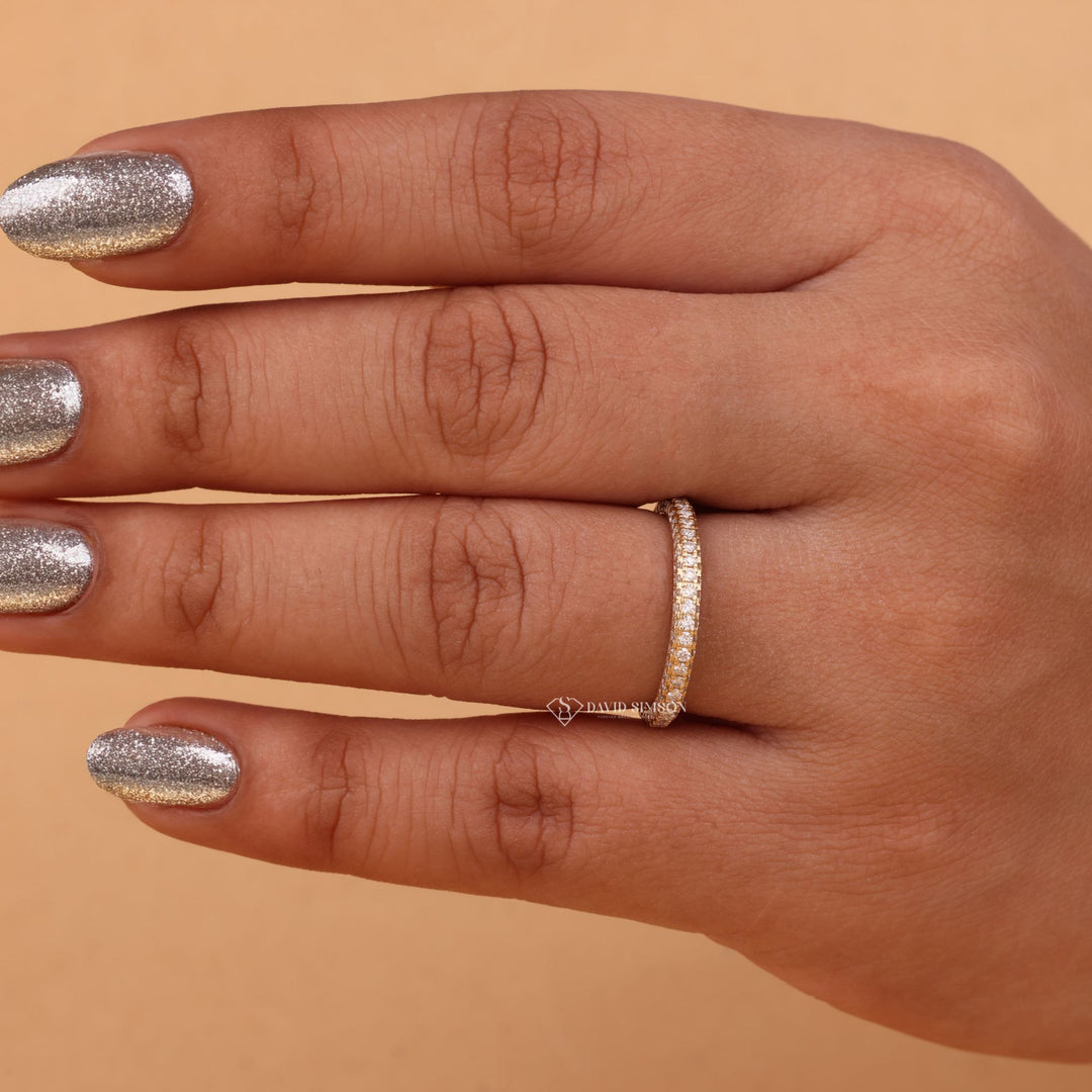 Moissanite eternity ring
Pave eternity band
Three row pave ring